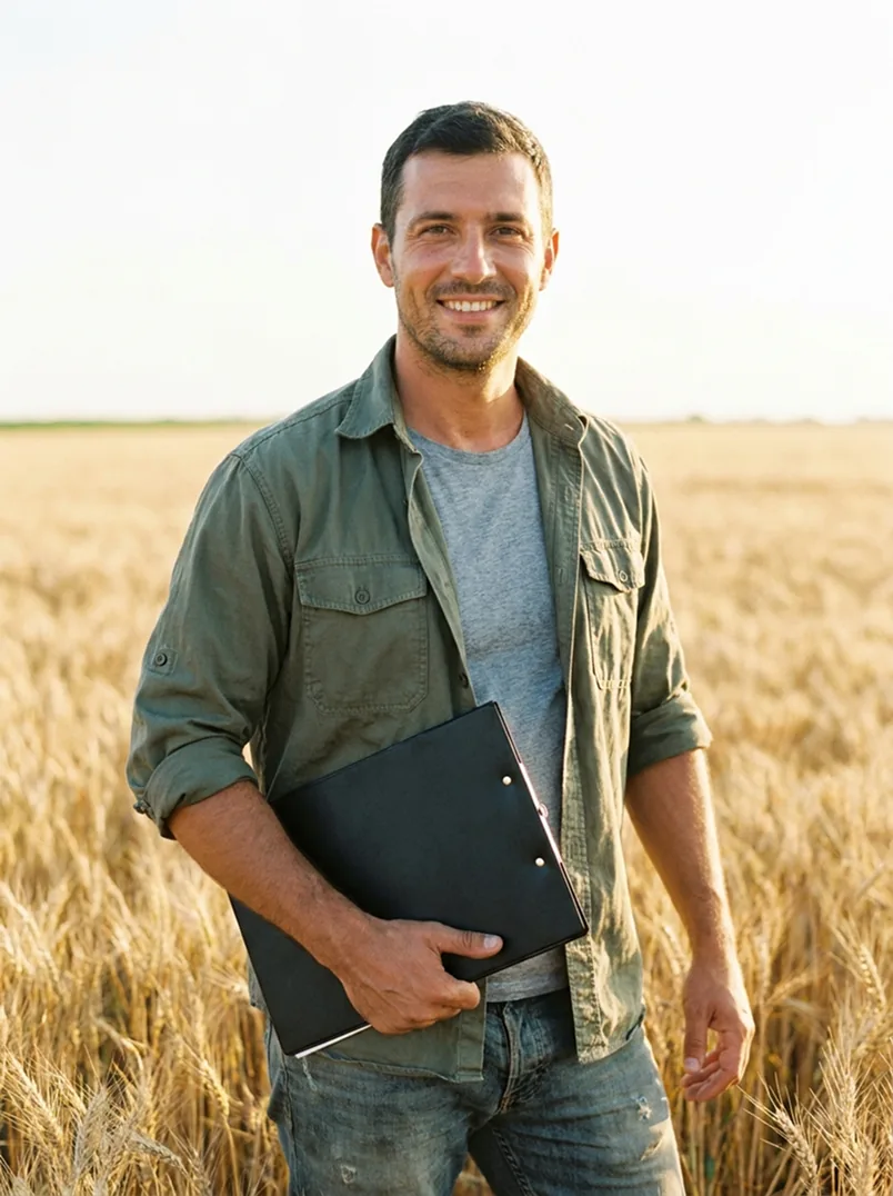 Grower holding a folder in a wheat field
